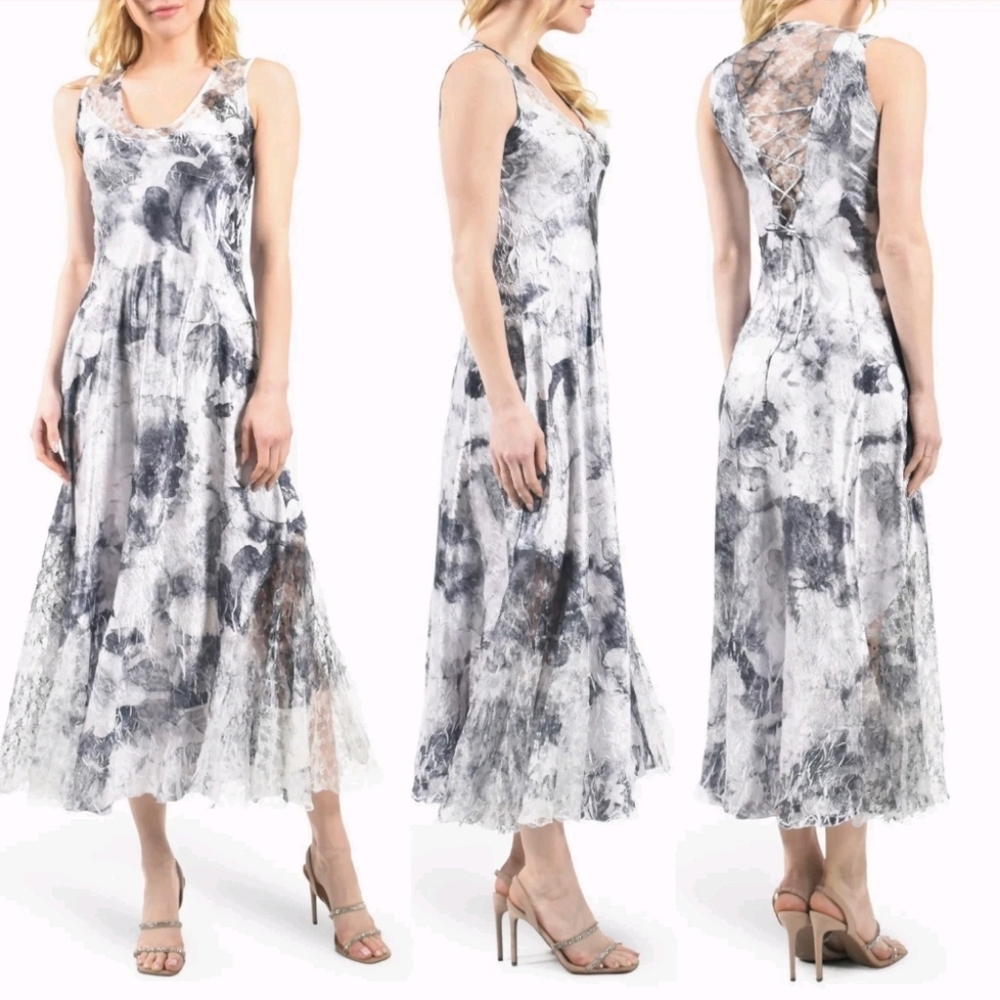 KOMAROV Satin Floral Lace Up Back Sleeveless Maxi Dress Size S